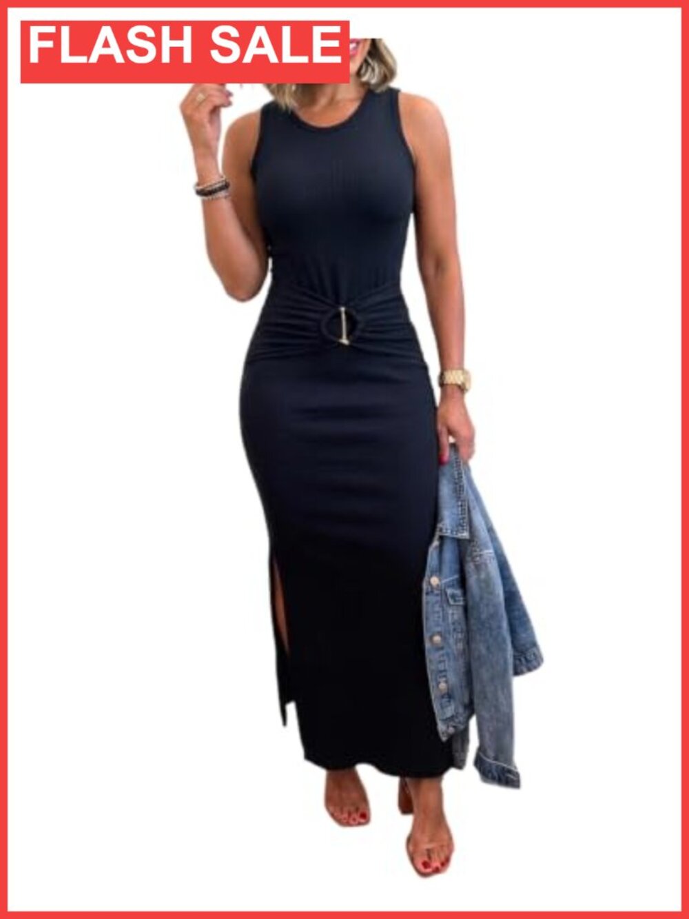 Rib Knit Bodycon Maxi Dress Sleeveless Side Slit Gold Buckle Ruched Waist
